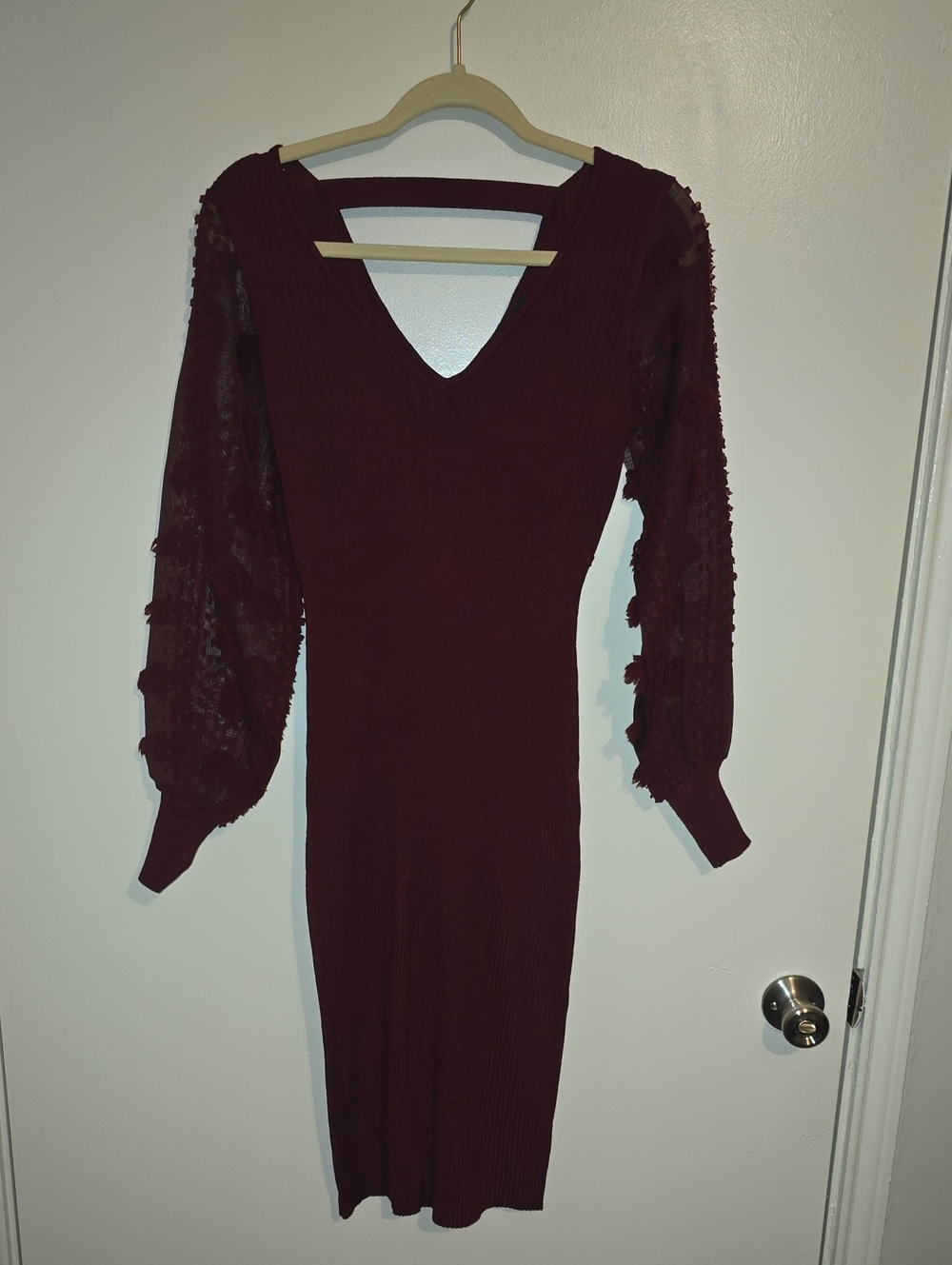 Elegant Burgundy Knit Dress with Sheer Balloon Sleeves